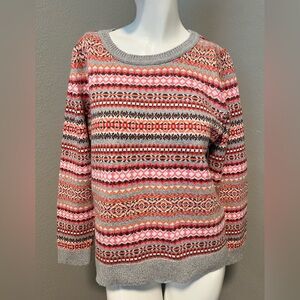 TALBOTS Women’s Fair Isle Crewneck  LS Multicolor Knit Sweater Size L